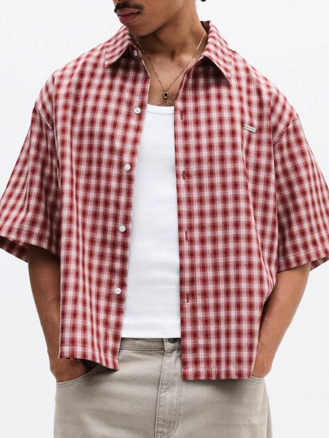 sumwon short sleeve button down checked pattern collared shirt