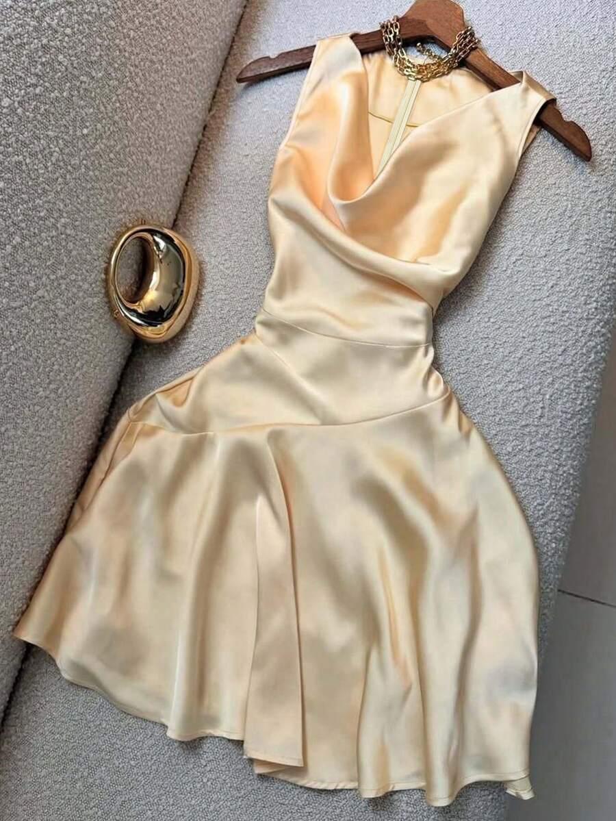 solid color sleeveless satin plunging neck mini dress
