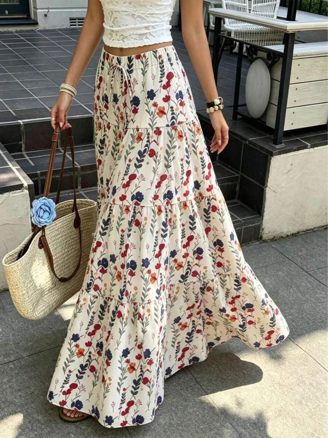 women's autumn vacation pastoral floral maxi skirt