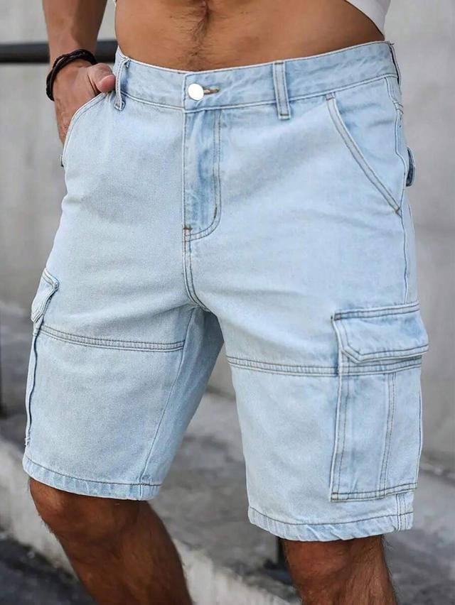 light wash denim cargo shorts with utility pockets