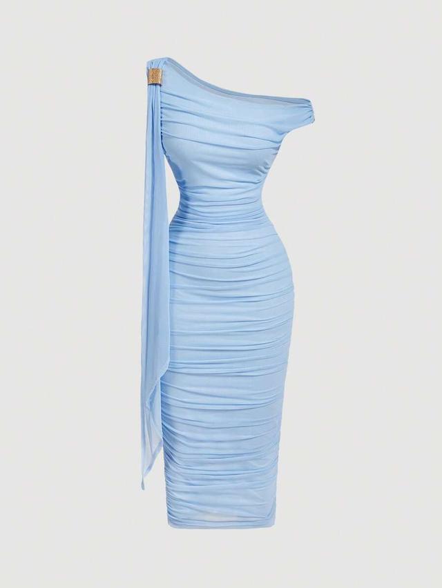 light blue ruched one-shoulder midi bodycon dress
