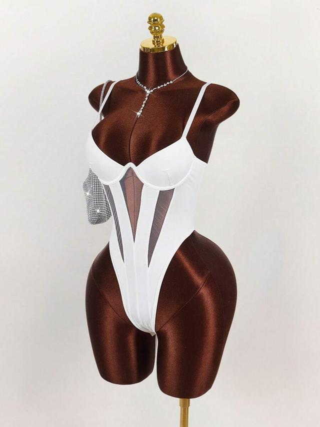 y2k white minimalist corset bodysuit with mesh panels