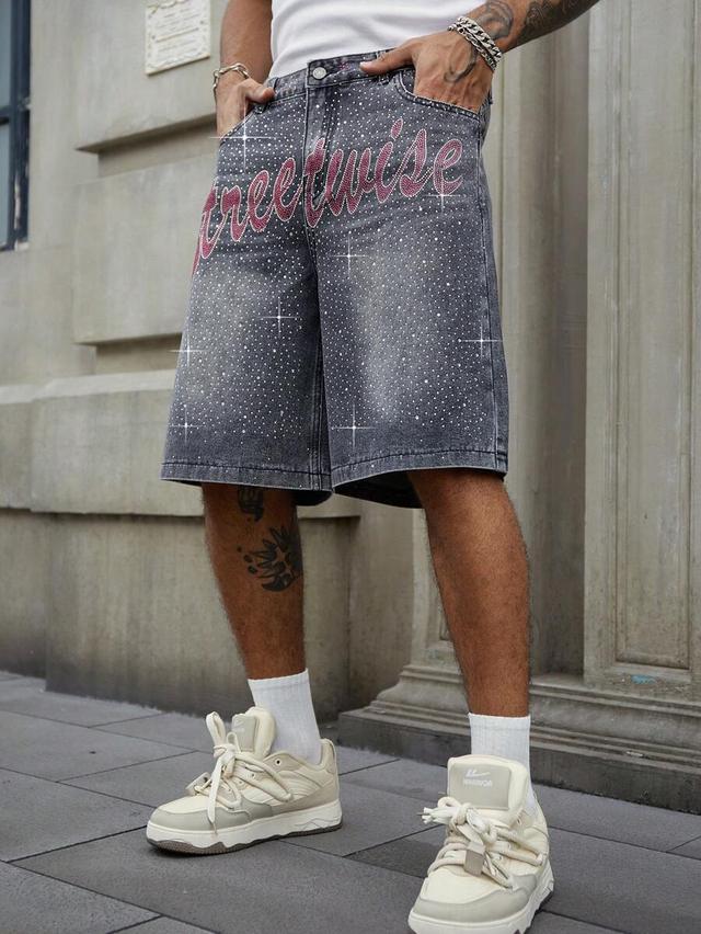 loose fit grey denim shorts with sequin lettering