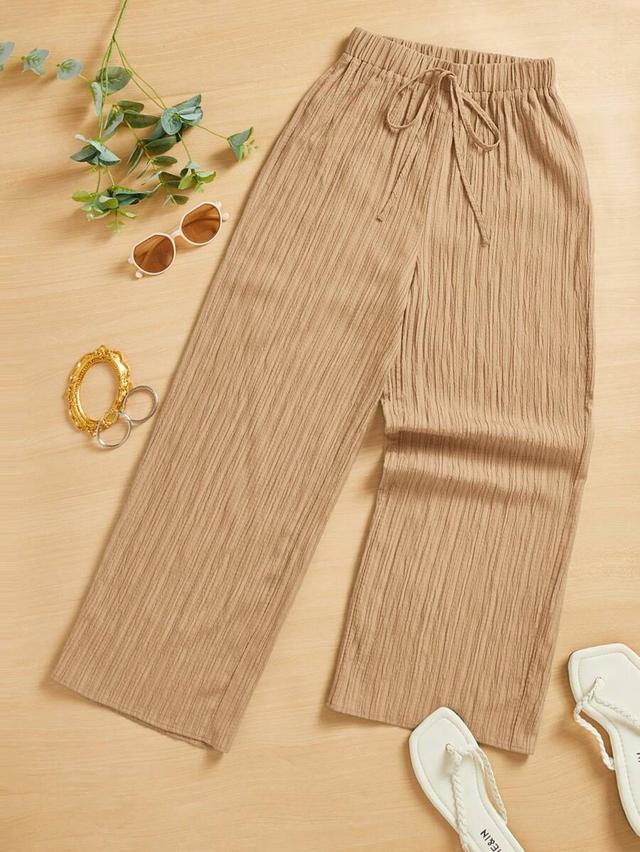 beige textured casual wide leg trousers