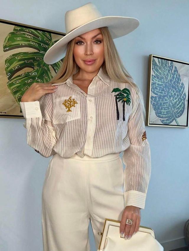 striped long sleeve blouse with beaded coconut tree embroidery