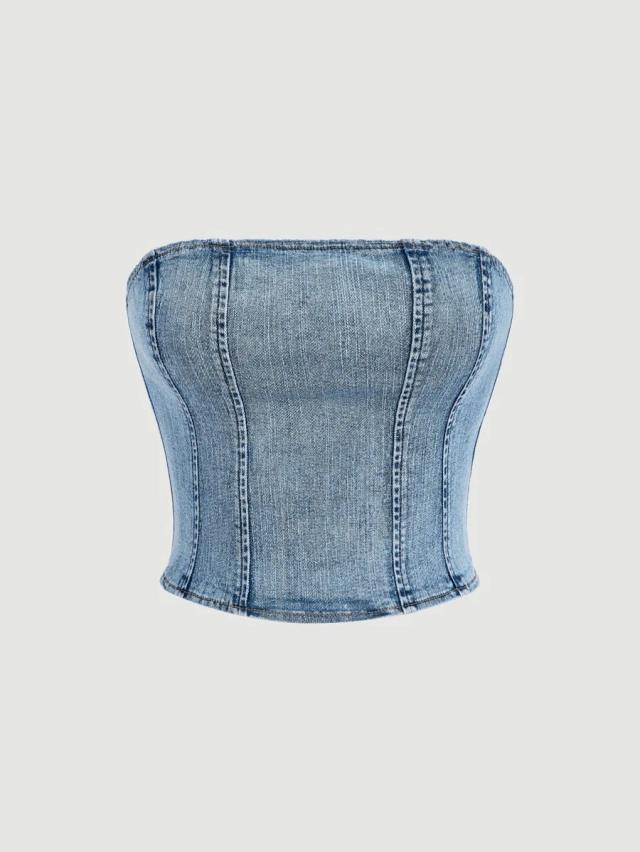 vintage wash denim tube top with back zip