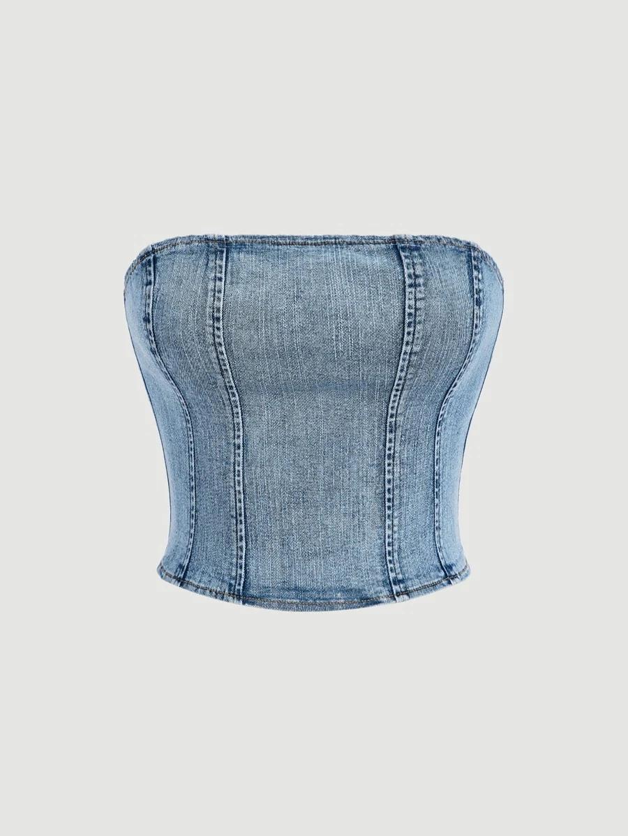 vintage wash denim tube top with back zip