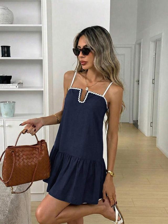 navy blue cotton shift dress with ric rac trim