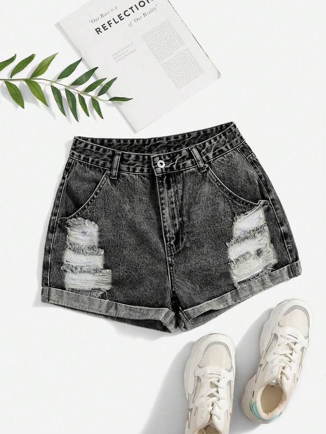 distressed black denim rolled hem shorts