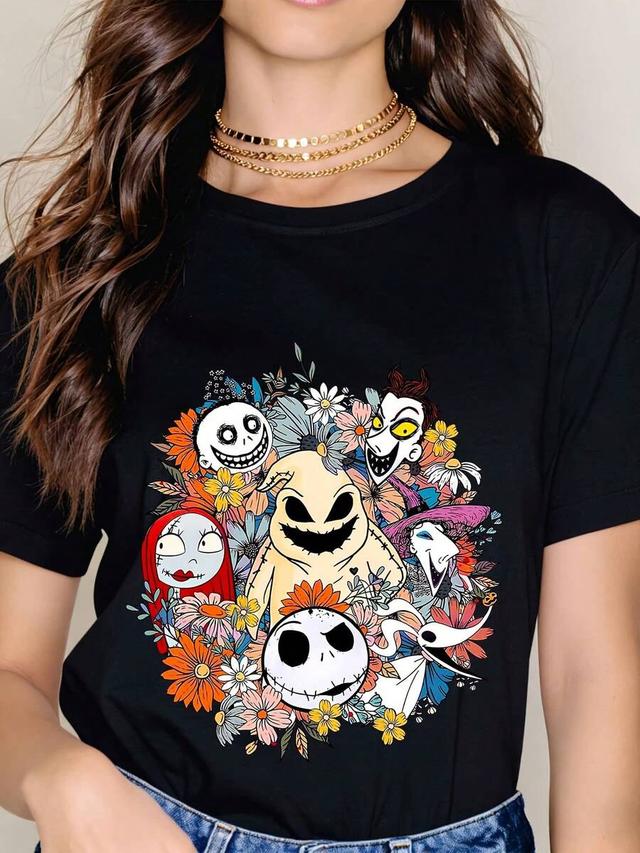 nightmare before christmas floral graphic black t-shirt
