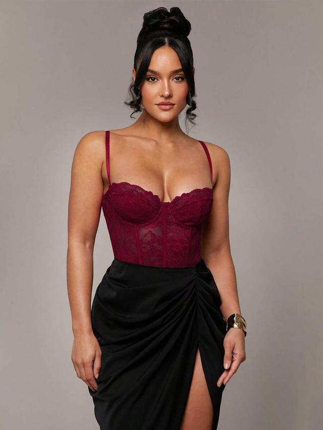 red lace corset teddy with spaghetti straps