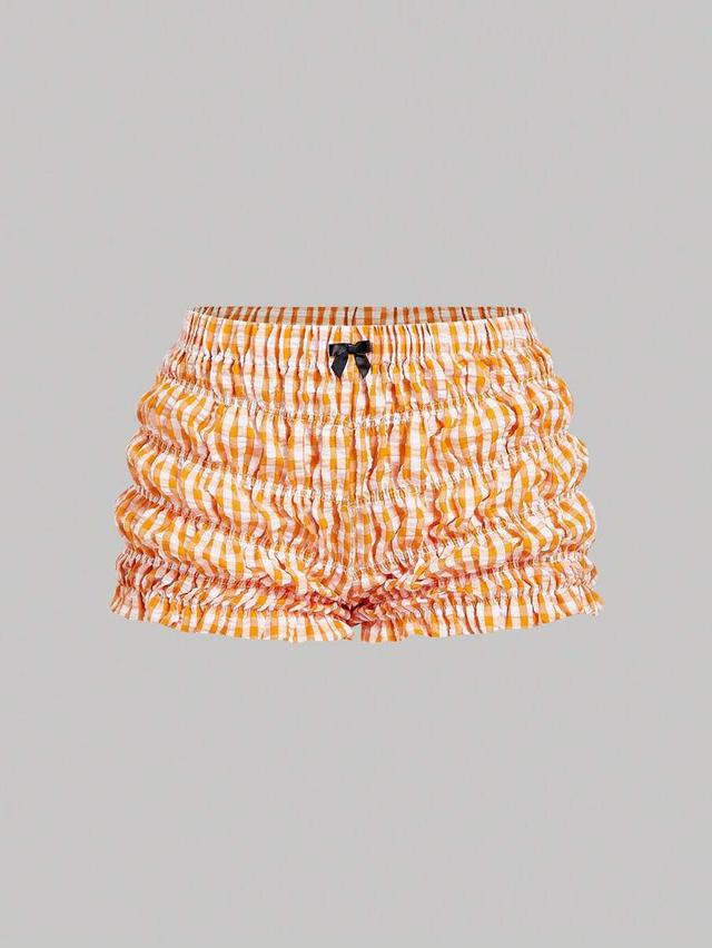 orange and white gingham ruched micro mini shorts