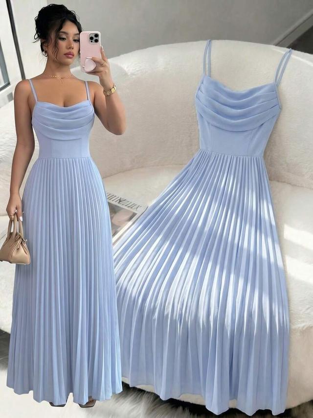 light blue pleated chiffon spaghetti strap flowing dress