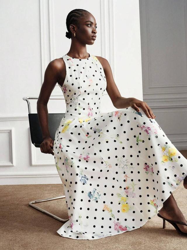polka dot and floral print sleeveless a-line dress