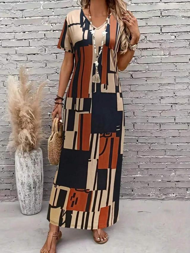 geometric print v-neck short sleeve shift dress