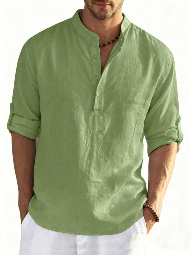 vintage style green washed cotton stand collar henley shirt