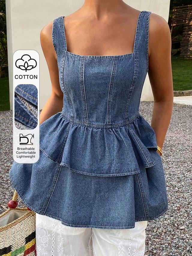 denim camisole top with waist cinching and ruffle hem