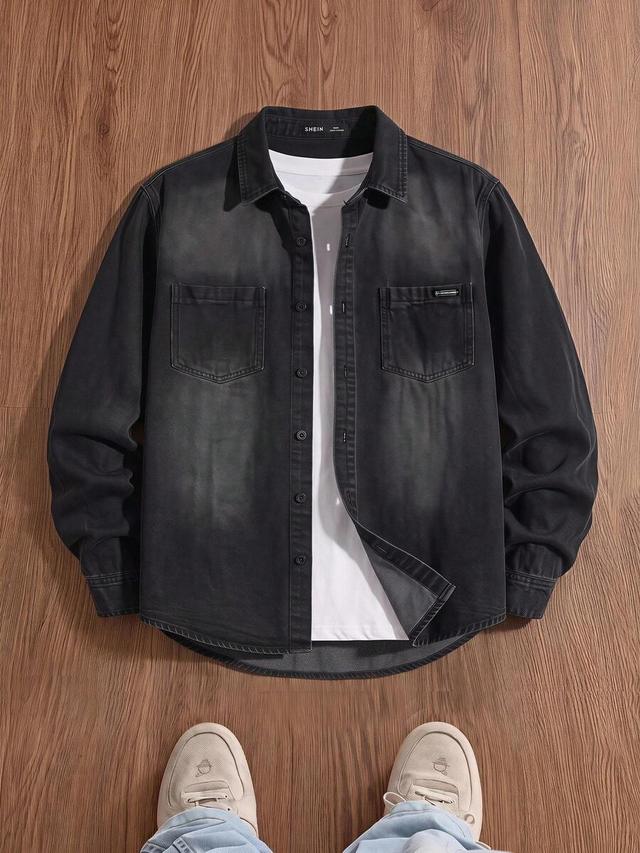 men's long sleeve single-breasted black denim shirt