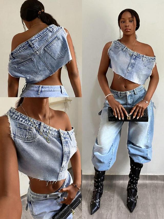 asymmetric light wash denim crop top