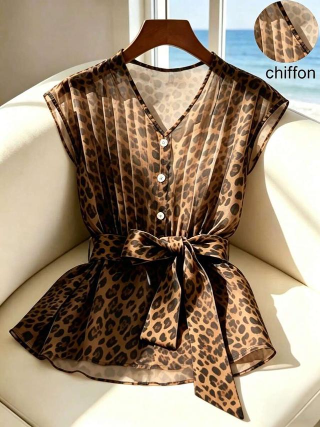 leopard print pleated v-neck tie front blouse