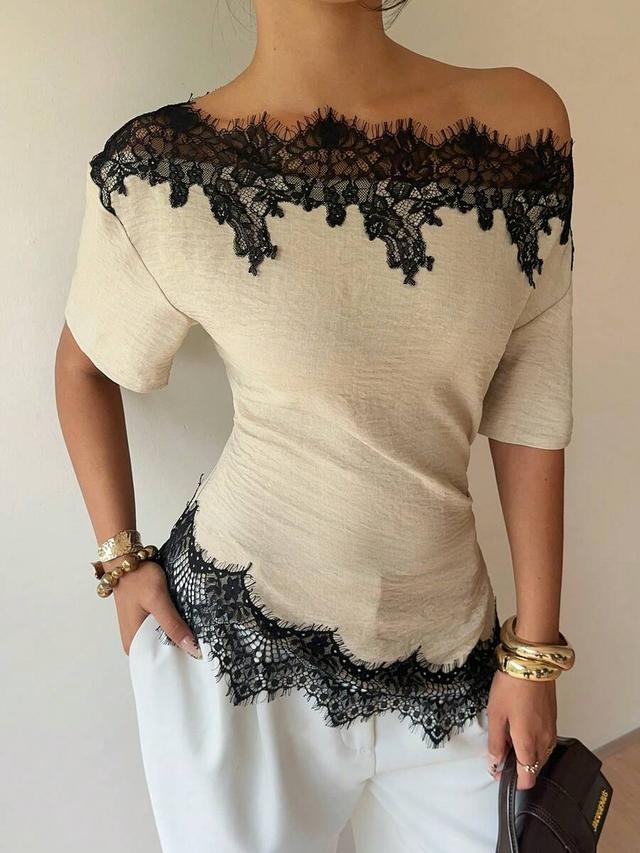 siren gaze lace-paneled beige off-the-shoulder blouse