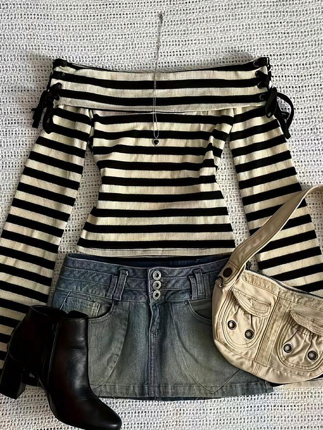 women's long sleeve striped off-shoulder drawstring top