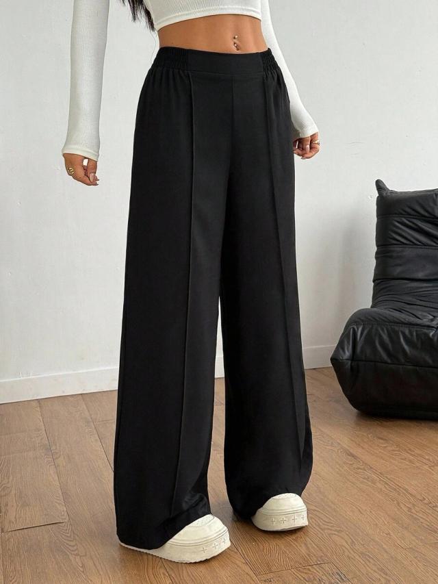 black high waisted wide leg casual trousers