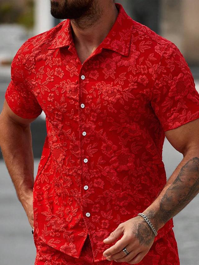 red floral textured short sleeve casual shirt