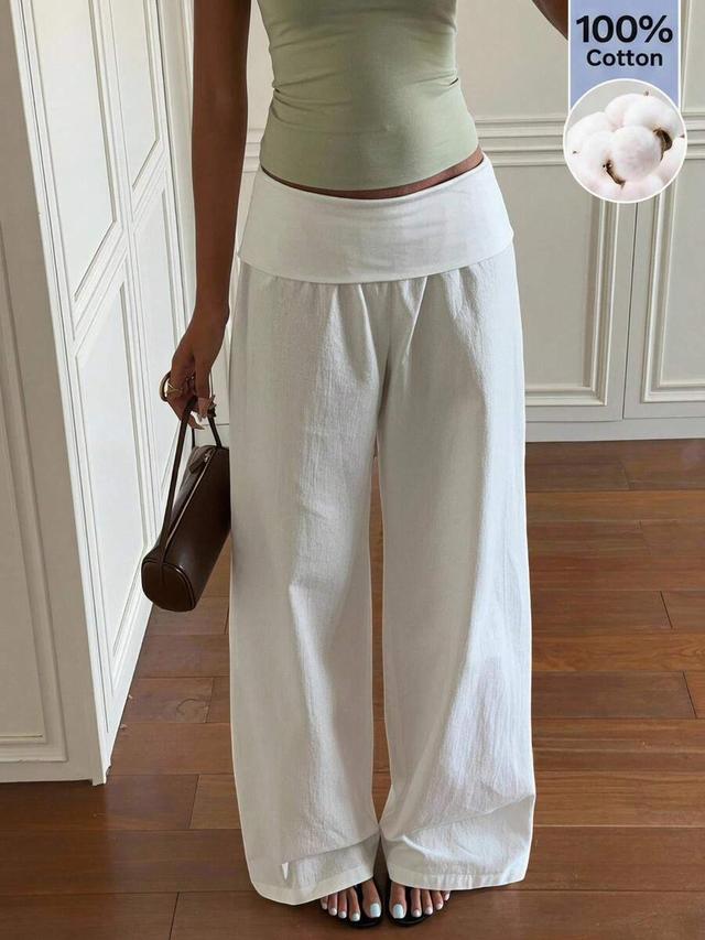 white woven casual long pants with folded waist