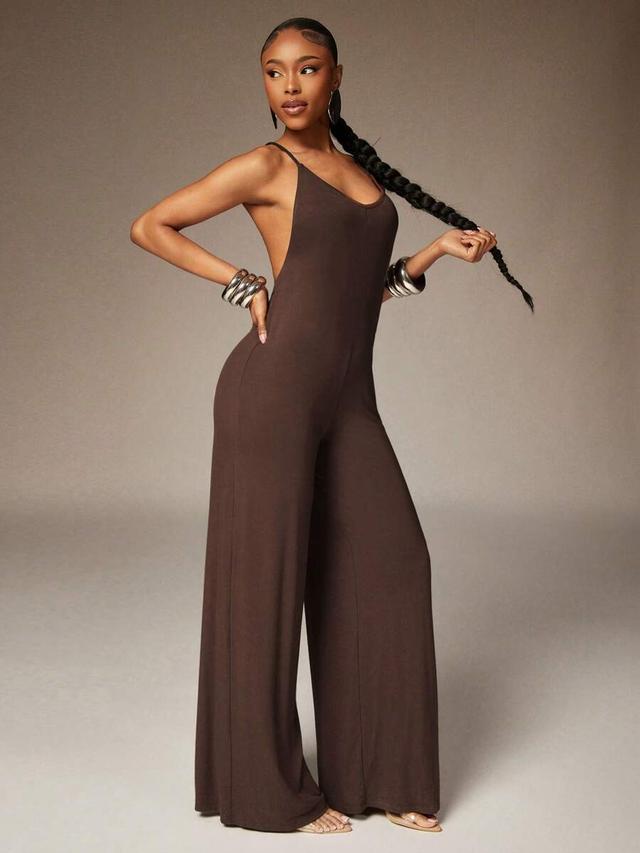 brown open back wide leg x-back jumpsuit