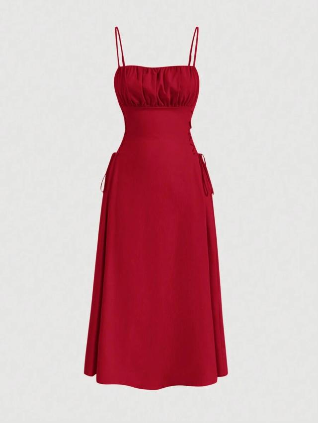 burgundy red ruched bust lace-up side midi dress
