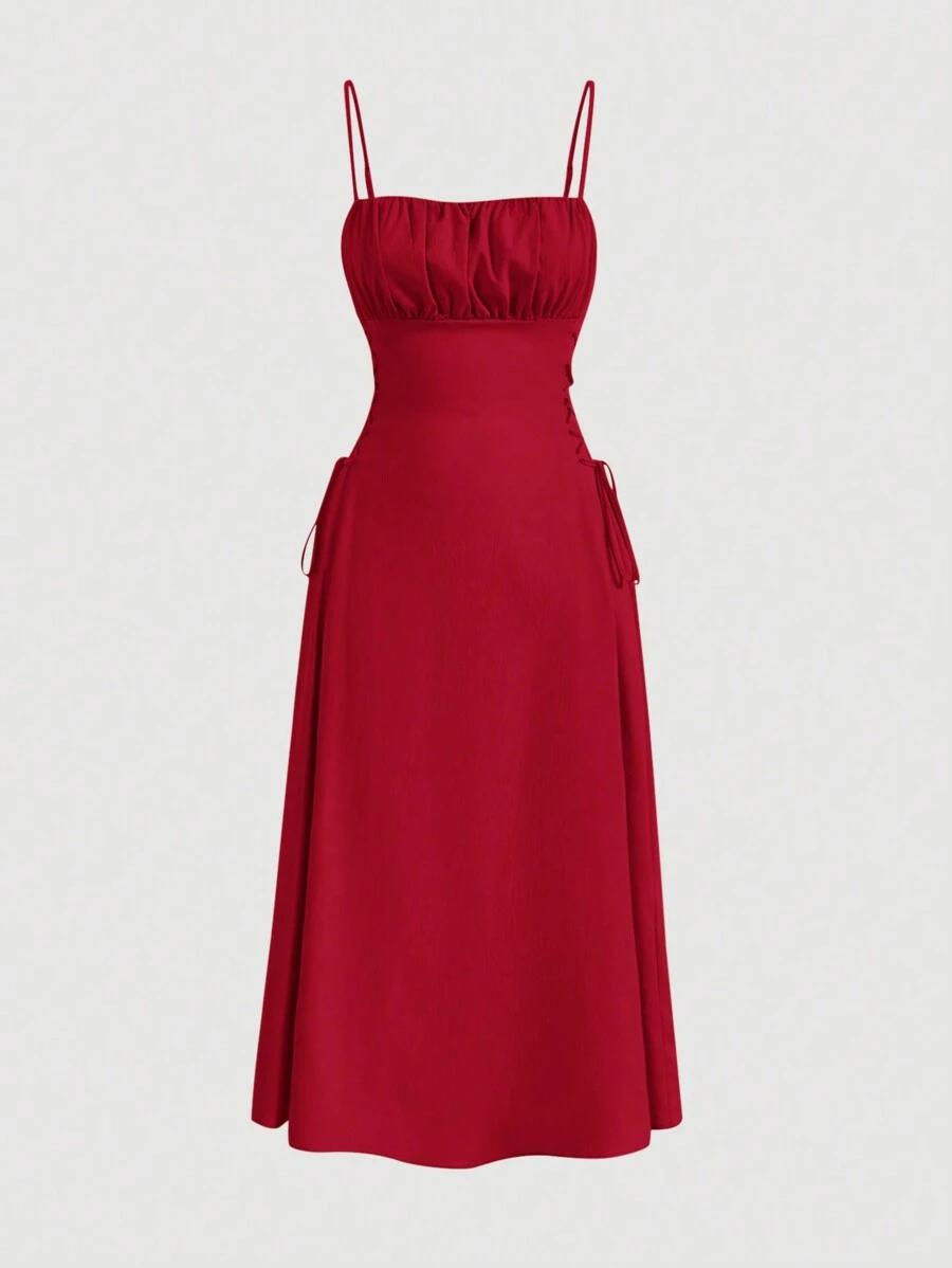 burgundy red ruched bust lace-up side midi dress