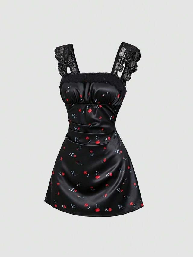 french romantic floral satin mini dress with lace straps