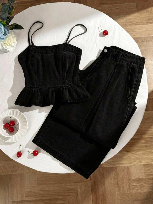 black denim camisole top with ruffle hem