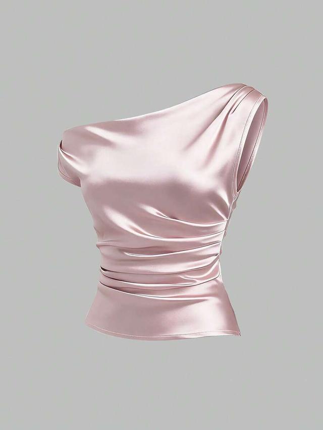 fitted asymmetrical shoulder pleated pink satin blouse