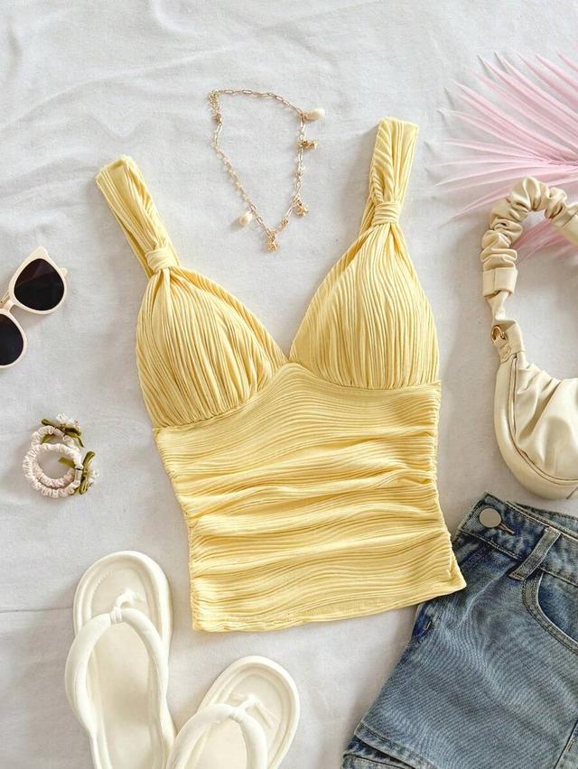 soleia casual romantic vacation plain color twist pleat camisole