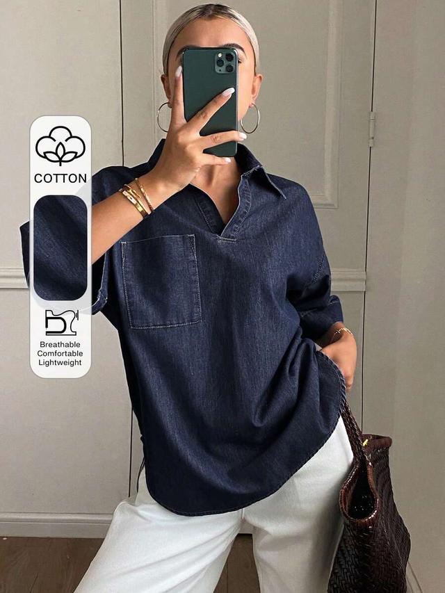 dark wash denim v-neck shirt with chest pocket