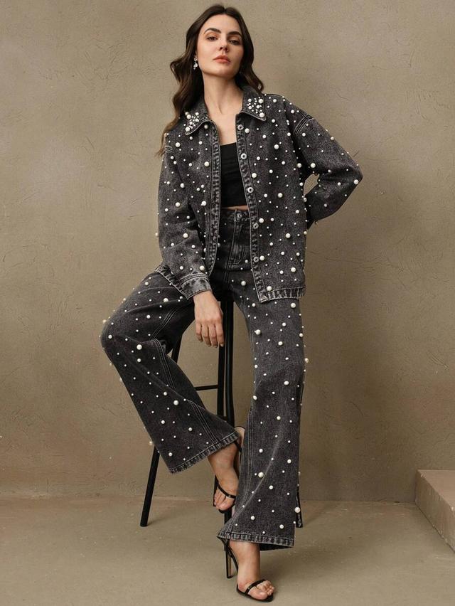 anewsta elegant denim shirt blouse with pearl embellishments