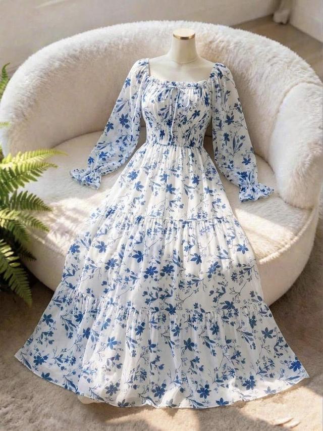 floral print square neck ruched chiffon midi dress