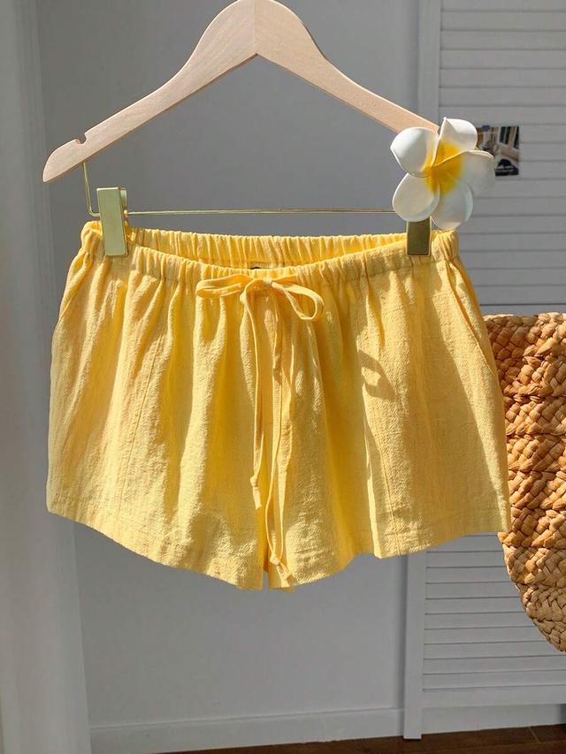 cream yellow linen drawstring casual summer shorts
