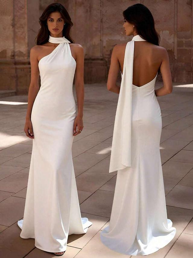 white solid color scarf neck backless mermaid evening dress