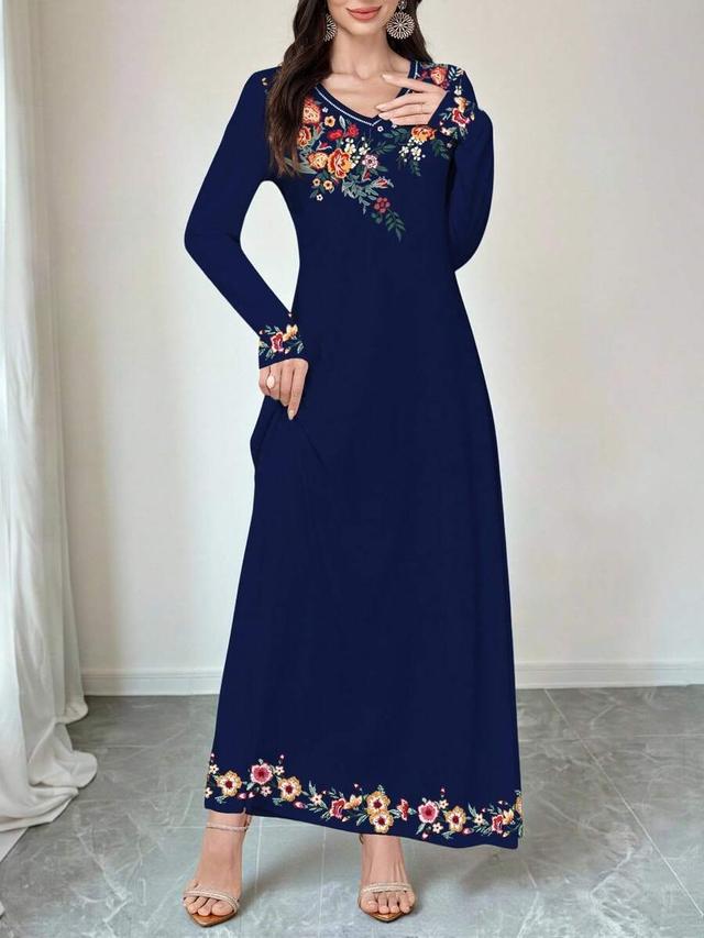 navy blue floral print v-neck long sleeve maxi dress
