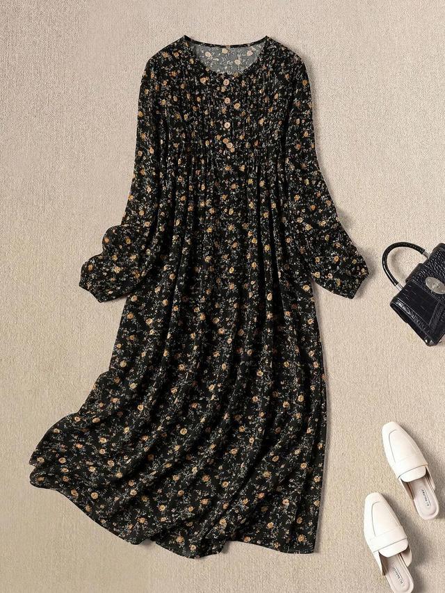 rusticease ditsy floral round neck long sleeve button dress