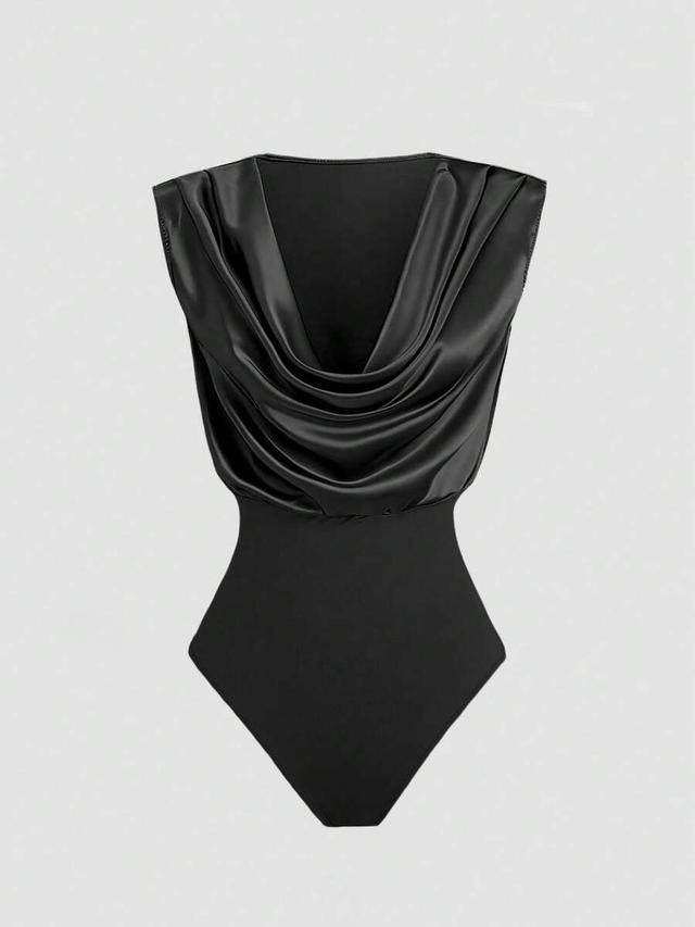 draped neck sleeveless black satin bodysuit