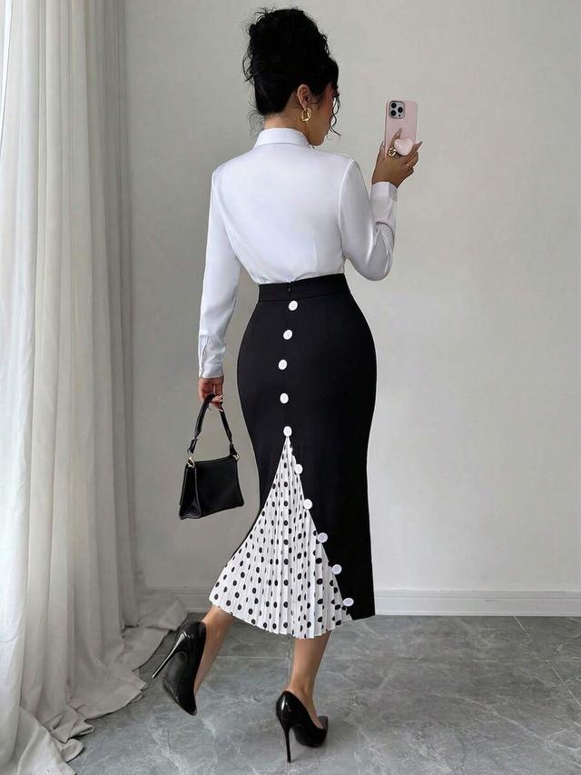 elegant fitted colorblock pleated polka dot skirt