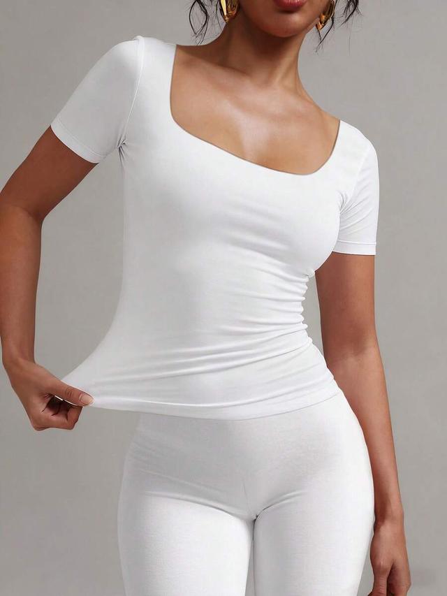 white square neck short sleeve fitted basic top