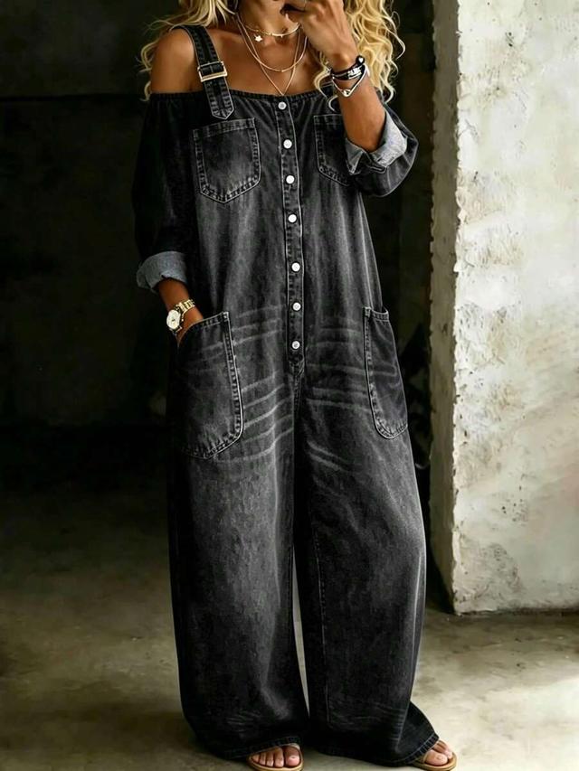 black fashionable single-button open-back denim suspender trousers