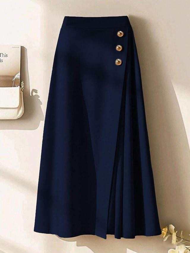 navy blue pleated a-line skirt with side buttons