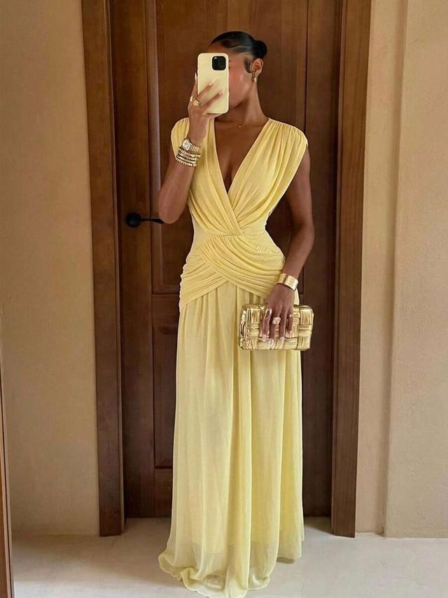 pale yellow draped jersey maxi dress