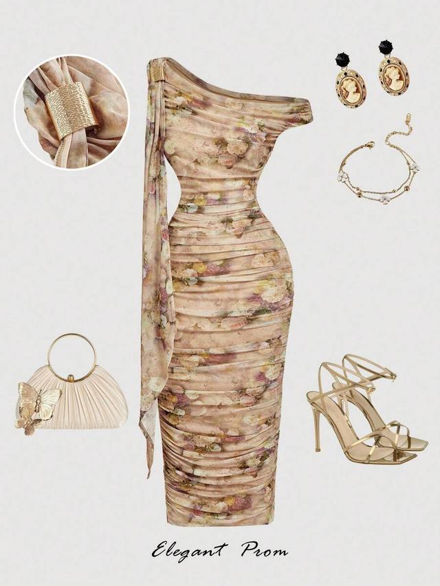 floral print one-shoulder ruched midi dress